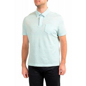 Malo Linen Blend Polo Shirt 58 / XL Blue White Striped Knit Short Sleeve Italy